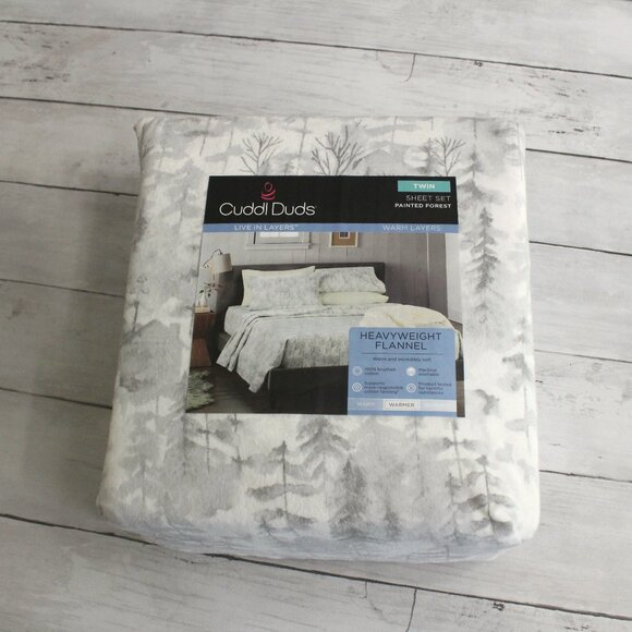 Cuddl Duds Heavyweight Flannel Sheet Set Twin Size 100% Cotton Gray White Forest - Picture 1 of 6